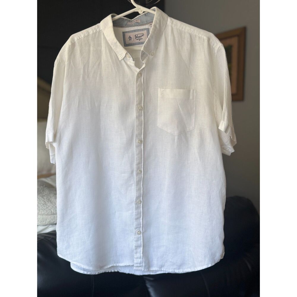 Original Penguin XL White Linen  Button Down Short Sleeve Beach Resort Casual